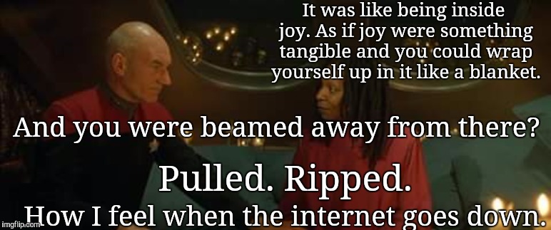 Internexus | It was like being inside joy. As if joy were something tangible and you could wrap yourself up in it like a blanket. And you were beamed away from there? Pulled. Ripped. How I feel when the internet goes down. | image tagged in star trek,memes | made w/ Imgflip meme maker