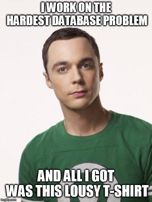 Sheldon Cooper | I WORK ON THE HARDEST DATABASE PROBLEM; AND ALL I GOT WAS THIS LOUSY T-SHIRT | image tagged in sheldon cooper | made w/ Imgflip meme maker