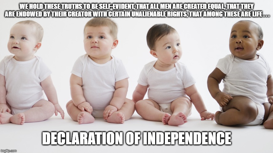 Babies | WE HOLD THESE TRUTHS TO BE SELF-EVIDENT, THAT ALL MEN ARE CREATED EQUAL, THAT THEY ARE ENDOWED BY THEIR CREATOR WITH CERTAIN UNALIENABLE RIGHTS, THAT AMONG THESE ARE LIFE . . . DECLARATION OF INDEPENDENCE | image tagged in babies | made w/ Imgflip meme maker