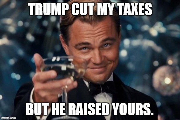 Leonardo Dicaprio Cheers Meme | TRUMP CUT MY TAXES BUT HE RAISED YOURS. | image tagged in memes,leonardo dicaprio cheers | made w/ Imgflip meme maker