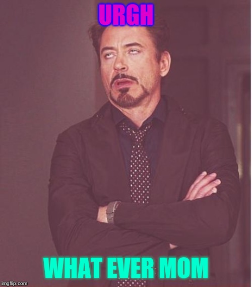 Face You Make Robert Downey Jr Meme | URGH; WHAT EVER MOM | image tagged in memes,face you make robert downey jr | made w/ Imgflip meme maker