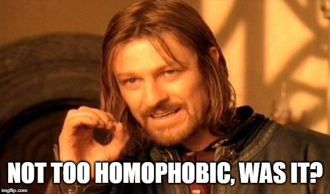One Does Not Simply Meme | NOT TOO HOMOPHOBIC, WAS IT? | image tagged in memes,one does not simply | made w/ Imgflip meme maker