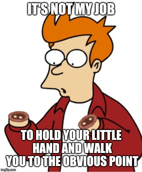 no hands | IT'S NOT MY JOB TO HOLD YOUR LITTLE HAND AND WALK YOU TO THE OBVIOUS POINT | image tagged in no hands | made w/ Imgflip meme maker