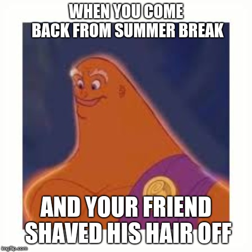 zeus without hair | WHEN YOU COME BACK FROM SUMMER BREAK; AND YOUR FRIEND SHAVED HIS HAIR OFF | image tagged in zeus without hair | made w/ Imgflip meme maker