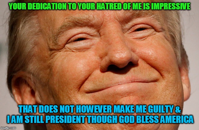 Not guilty | YOUR DEDICATION TO YOUR HATRED OF ME IS IMPRESSIVE THAT DOES NOT HOWEVER MAKE ME GUILTY & I AM STILL PRESIDENT THOUGH GOD BLESS AMERICA | image tagged in trump smile,trump derangement syndrome | made w/ Imgflip meme maker