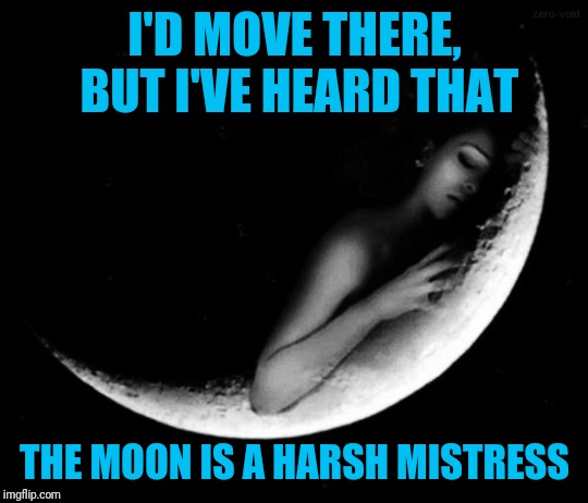 TANSTAAFL | I'D MOVE THERE, BUT I'VE HEARD THAT THE MOON IS A HARSH MISTRESS | image tagged in tanstaafl | made w/ Imgflip meme maker