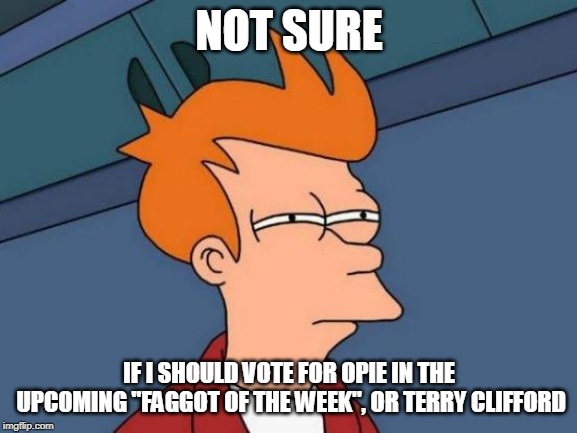Futurama Fry Meme | NOT SURE; IF I SHOULD VOTE FOR OPIE IN THE UPCOMING "FAGGOT OF THE WEEK", OR TERRY CLIFFORD | image tagged in memes,futurama fry | made w/ Imgflip meme maker