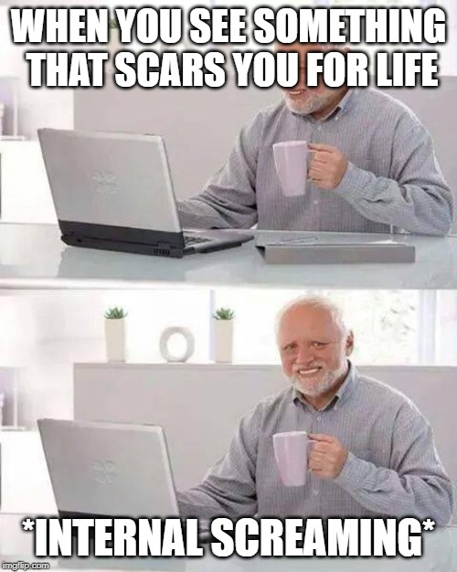 Hide the Pain Harold Meme | WHEN YOU SEE SOMETHING THAT SCARS YOU FOR LIFE; *INTERNAL SCREAMING* | image tagged in memes,hide the pain harold | made w/ Imgflip meme maker
