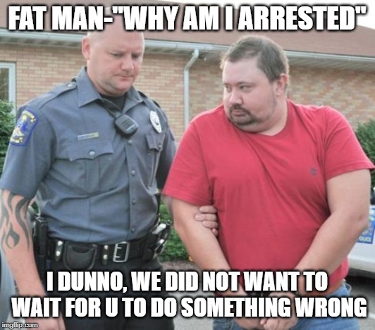 man get arrested | FAT MAN-"WHY AM I ARRESTED"; I DUNNO, WE DID NOT WANT TO WAIT FOR U TO DO SOMETHING WRONG | image tagged in man get arrested | made w/ Imgflip meme maker