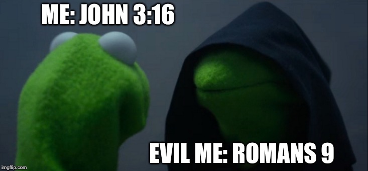 Evil Kermit | ME: JOHN 3:16; EVIL ME: ROMANS 9 | image tagged in memes,evil kermit | made w/ Imgflip meme maker