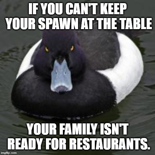 Angry Advice Mallard | IF YOU CAN'T KEEP YOUR SPAWN AT THE TABLE; YOUR FAMILY ISN'T READY FOR RESTAURANTS. | image tagged in angry advice mallard,AdviceAnimals | made w/ Imgflip meme maker