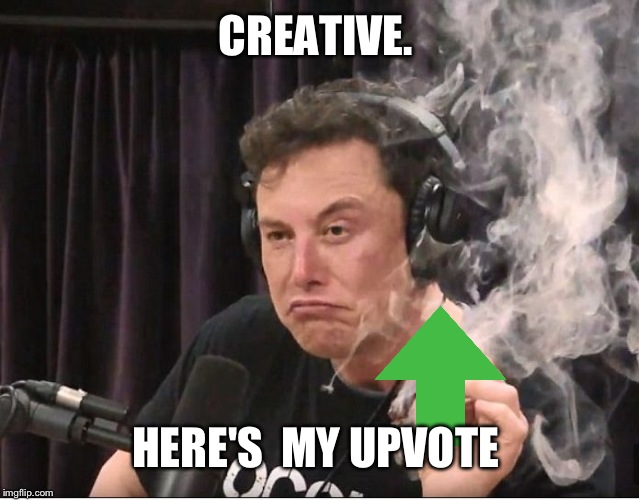 Elon Musk smoking a joint | CREATIVE. HERE'S  MY UPVOTE | image tagged in elon musk smoking a joint | made w/ Imgflip meme maker