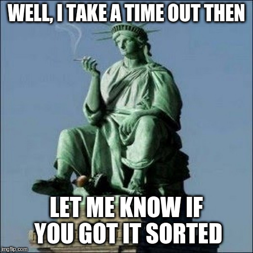 Statue of Liberty | WELL, I TAKE A TIME OUT THEN LET ME KNOW IF YOU GOT IT SORTED | image tagged in statue of liberty | made w/ Imgflip meme maker