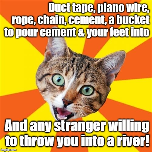 Duct tape, piano wire, rope, chain, cement, a bucket to pour cement & your feet into And any stranger willing to throw you into a river! | made w/ Imgflip meme maker