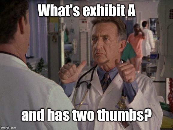 Bob Kelso Two Thumbs | What's exhibit A and has two thumbs? | image tagged in bob kelso two thumbs | made w/ Imgflip meme maker