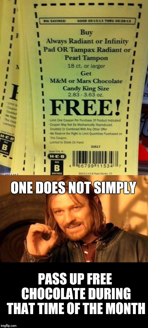 A wise man would take advantage of this sale if he wants to get on good terms with his girl. | ONE DOES NOT SIMPLY; PASS UP FREE CHOCOLATE DURING THAT TIME OF THE MONTH | image tagged in memes,one does not simply,pms,chocolate,what do we want | made w/ Imgflip meme maker