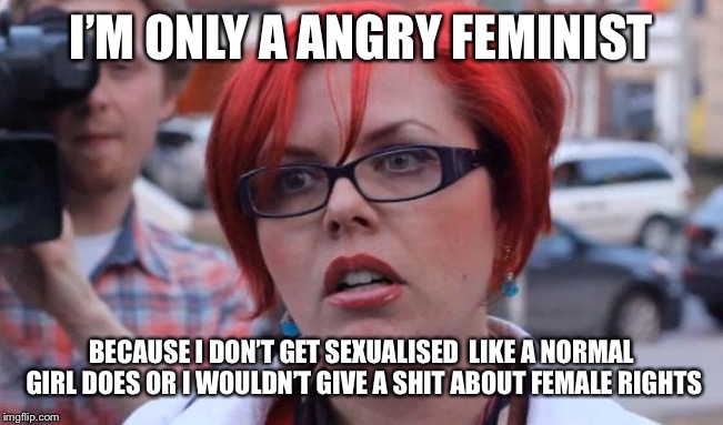 Angry Feminist | I’M ONLY A ANGRY FEMINIST; BECAUSE I DON’T GET SEXUALISED  LIKE A NORMAL GIRL DOES OR I WOULDN’T GIVE A SHIT ABOUT FEMALE RIGHTS | image tagged in angry feminist | made w/ Imgflip meme maker