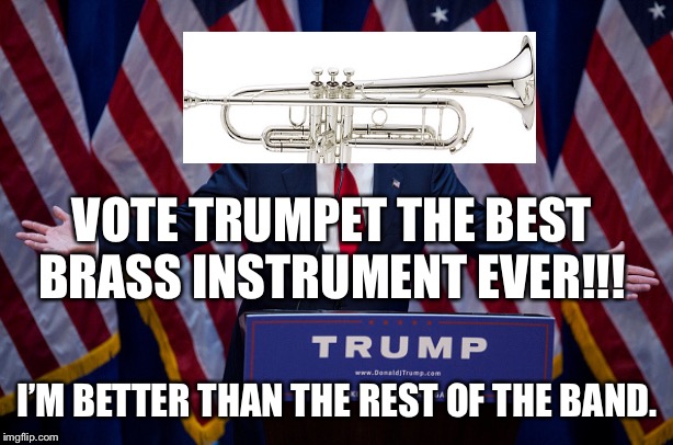 Donald Trump | VOTE TRUMPET THE BEST BRASS INSTRUMENT EVER!!! I’M BETTER THAN THE REST OF THE BAND. | image tagged in donald trump | made w/ Imgflip meme maker