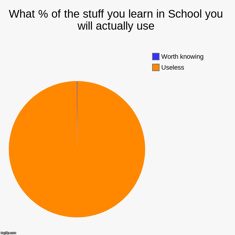 What % of the stuff you learn in School you will actually use | Useless, Worth knowing | image tagged in charts,pie charts | made w/ Imgflip chart maker