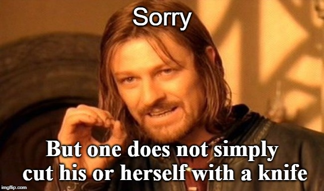 One Does Not Simply Meme | Sorry But one does not simply cut his or herself with a knife | image tagged in memes,one does not simply | made w/ Imgflip meme maker