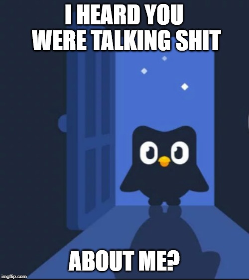 Duolingo bird | I HEARD YOU WERE TALKING SHIT ABOUT ME? | image tagged in duolingo bird | made w/ Imgflip meme maker