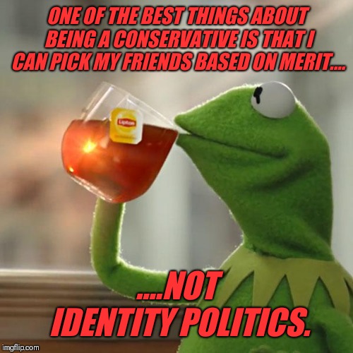 But That's None Of My Business Meme | ONE OF THE BEST THINGS ABOUT BEING A CONSERVATIVE IS THAT I CAN PICK MY FRIENDS BASED ON MERIT.... ....NOT IDENTITY POLITICS. | image tagged in memes,but thats none of my business,kermit the frog | made w/ Imgflip meme maker