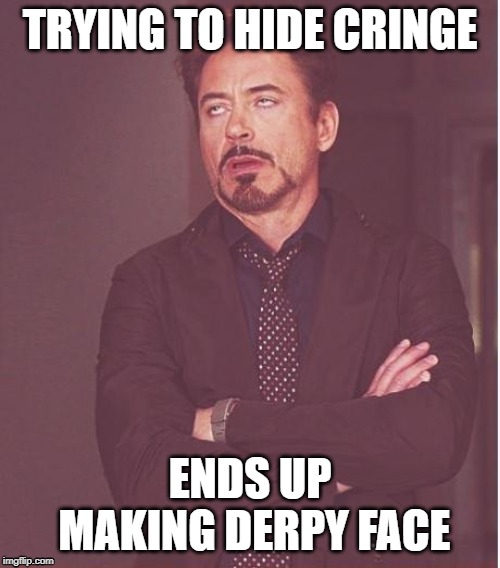 Face You Make Robert Downey Jr | TRYING TO HIDE CRINGE; ENDS UP MAKING DERPY FACE | image tagged in memes,face you make robert downey jr | made w/ Imgflip meme maker