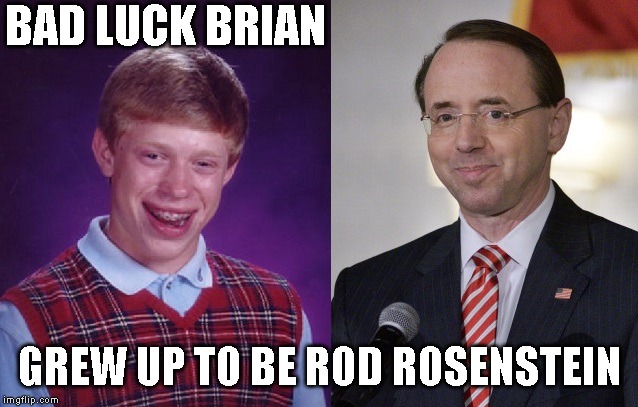 Assistant Attorney General Dork | BAD LUCK BRIAN; GREW UP TO BE ROD ROSENSTEIN | image tagged in idiot,government corruption,wimp,coward,dork | made w/ Imgflip meme maker