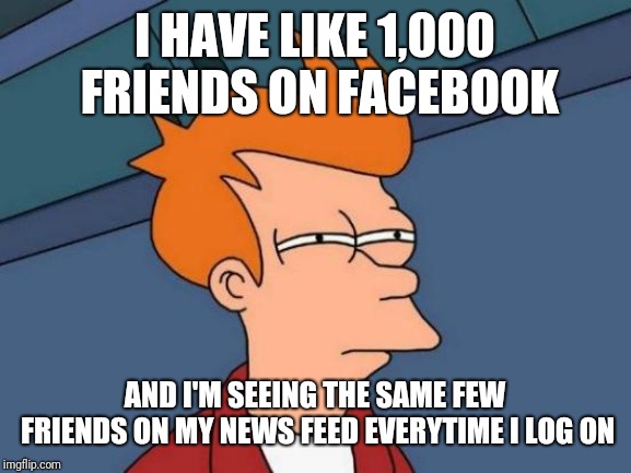 Futurama Fry Meme | I HAVE LIKE 1,000 FRIENDS ON FACEBOOK; AND I'M SEEING THE SAME FEW FRIENDS ON MY NEWS FEED EVERYTIME I LOG ON | image tagged in memes,futurama fry | made w/ Imgflip meme maker