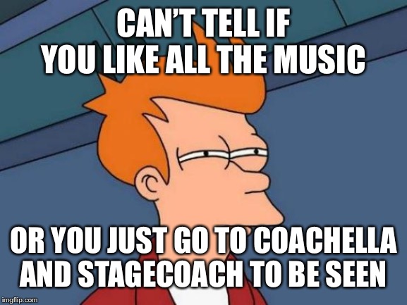 Futurama Fry | CAN’T TELL IF YOU LIKE ALL THE MUSIC; OR YOU JUST GO TO COACHELLA AND STAGECOACH TO BE SEEN | image tagged in memes,futurama fry | made w/ Imgflip meme maker