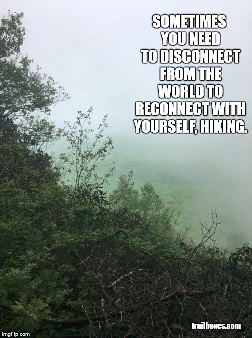 Reconnecting | SOMETIMES YOU NEED TO DISCONNECT FROM THE WORLD TO RECONNECT WITH YOURSELF, HIKING. trailboxes.com | image tagged in hiking | made w/ Imgflip meme maker