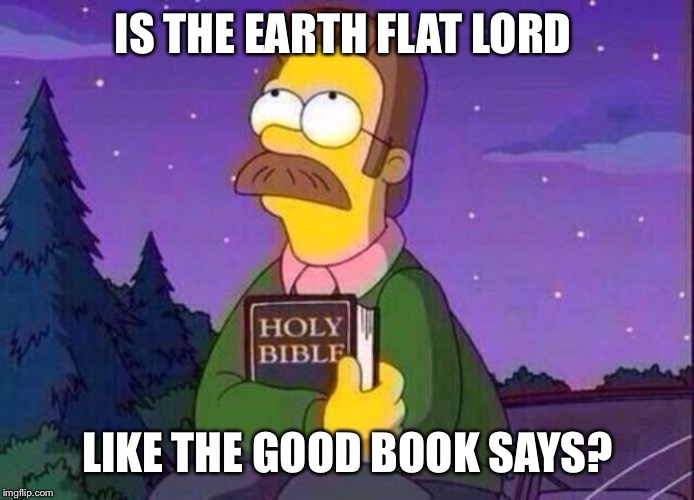 Ned Flanders and Bible | IS THE EARTH FLAT LORD LIKE THE GOOD BOOK SAYS? | image tagged in ned flanders and bible | made w/ Imgflip meme maker
