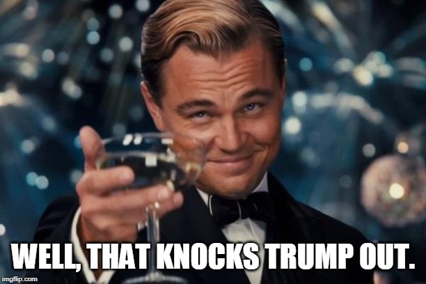 Leonardo Dicaprio Cheers Meme | WELL, THAT KNOCKS TRUMP OUT. | image tagged in memes,leonardo dicaprio cheers | made w/ Imgflip meme maker