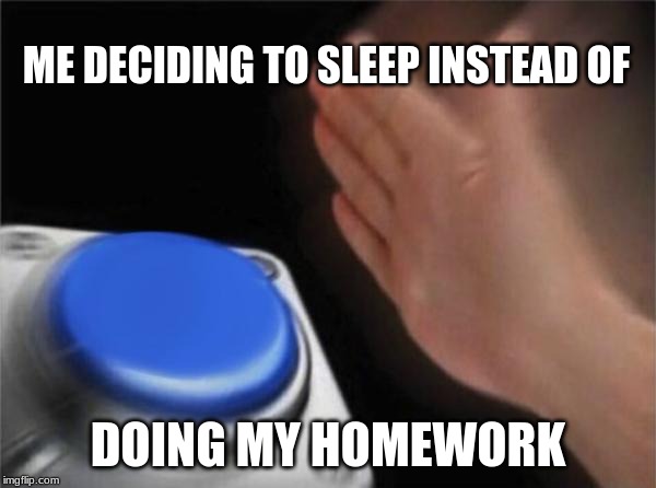 Blank Nut Button | ME DECIDING TO SLEEP INSTEAD OF; DOING MY HOMEWORK | image tagged in memes,blank nut button | made w/ Imgflip meme maker