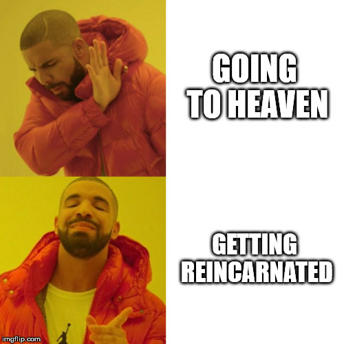 Drake Blank | GOING TO HEAVEN; GETTING REINCARNATED | image tagged in drake blank | made w/ Imgflip meme maker