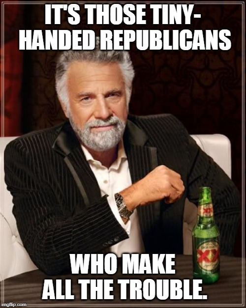 The Most Interesting Man In The World Meme | IT'S THOSE TINY- HANDED REPUBLICANS WHO MAKE ALL THE TROUBLE. | image tagged in memes,the most interesting man in the world | made w/ Imgflip meme maker