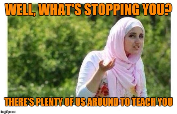 Confused Muslim Girl | WELL, WHAT'S STOPPING YOU? THERE'S PLENTY OF US AROUND TO TEACH YOU | image tagged in confused muslim girl | made w/ Imgflip meme maker