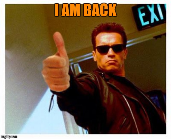terminator thumbs up | I AM BACK | image tagged in terminator thumbs up | made w/ Imgflip meme maker