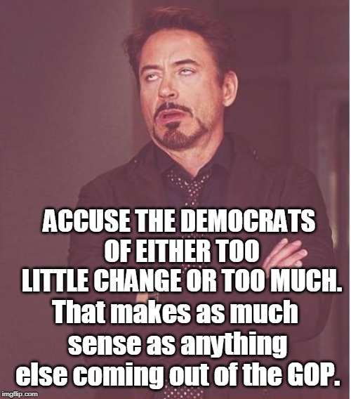 Face You Make Robert Downey Jr Meme | ACCUSE THE DEMOCRATS OF EITHER TOO LITTLE CHANGE OR TOO MUCH. That makes as much sense as anything else coming out of the GOP. | image tagged in memes,face you make robert downey jr | made w/ Imgflip meme maker