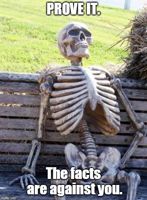 Waiting Skeleton Meme | PROVE IT. The facts are against you. | image tagged in memes,waiting skeleton | made w/ Imgflip meme maker