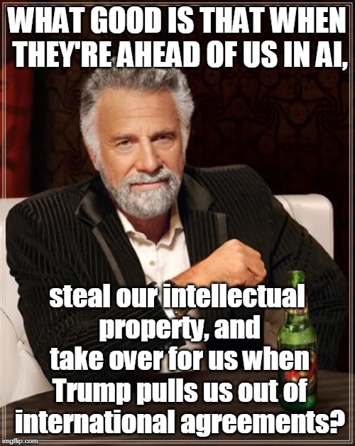 The Most Interesting Man In The World Meme | WHAT GOOD IS THAT WHEN THEY'RE AHEAD OF US IN AI, steal our intellectual property, and take over for us when Trump pulls us out of internati | image tagged in memes,the most interesting man in the world | made w/ Imgflip meme maker