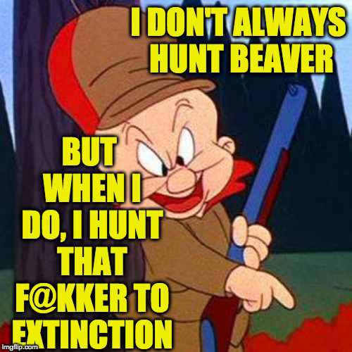 Elmer Fudd | I DON'T ALWAYS HUNT BEAVER BUT WHEN I DO, I HUNT THAT F@KKER TO EXTINCTION | image tagged in elmer fudd | made w/ Imgflip meme maker