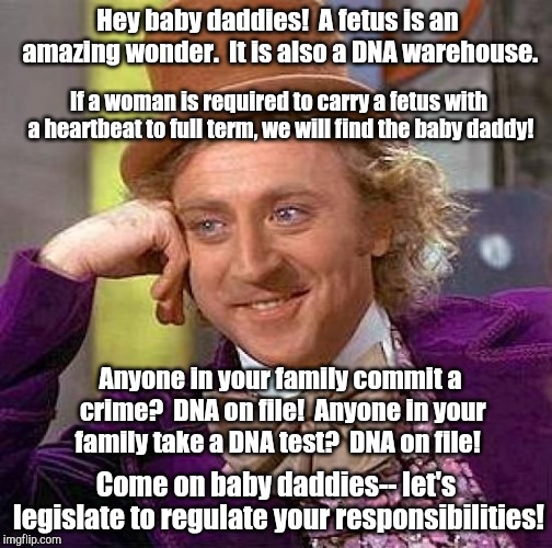 Creepy Condescending Wonka Meme | Hey baby daddies!  A fetus is an amazing wonder.  It is also a DNA warehouse. If a woman is required to carry a fetus with a heartbeat to full term, we will find the baby daddy! Anyone in your family commit a crime?  DNA on file!  Anyone in your family take a DNA test?  DNA on file! Come on baby daddies-- let's legislate to regulate your responsibilities! | image tagged in memes,creepy condescending wonka | made w/ Imgflip meme maker