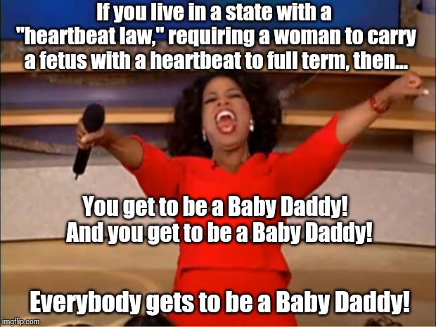 Oprah You Get A Meme | If you live in a state with a "heartbeat law," requiring a woman to carry a fetus with a heartbeat to full term, then... You get to be a Baby Daddy!  And you get to be a Baby Daddy! Everybody gets to be a Baby Daddy! | image tagged in memes,oprah you get a | made w/ Imgflip meme maker