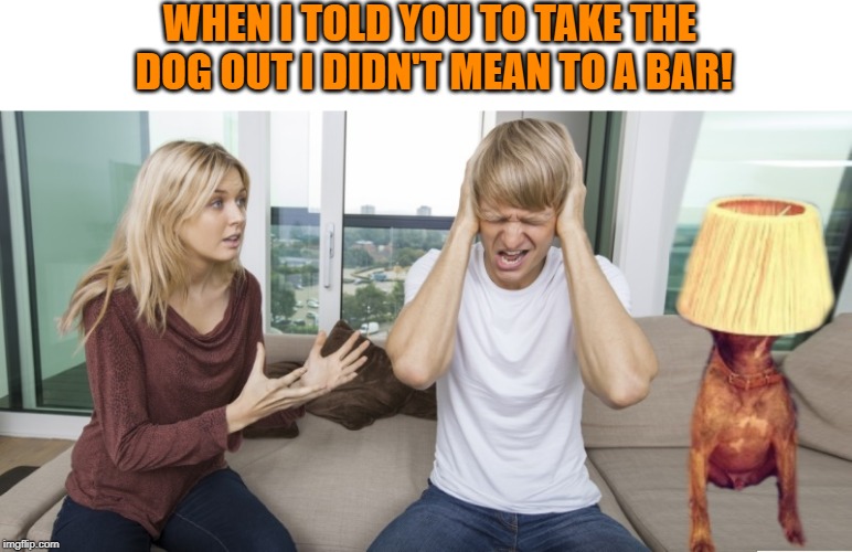 can't win | WHEN I TOLD YOU TO TAKE THE DOG OUT I DIDN'T MEAN TO A BAR! | image tagged in drunk,dog,bar,nagging | made w/ Imgflip meme maker