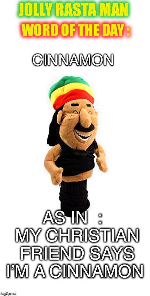 Let he who is without sin ... be the first to get stoned. | JOLLY RASTA MAN; WORD OF THE DAY :; CINNAMON; AS IN  :  MY CHRISTIAN FRIEND SAYS I’M A CINNAMON | image tagged in jolly rasta man,accent,phonics,jokes | made w/ Imgflip meme maker