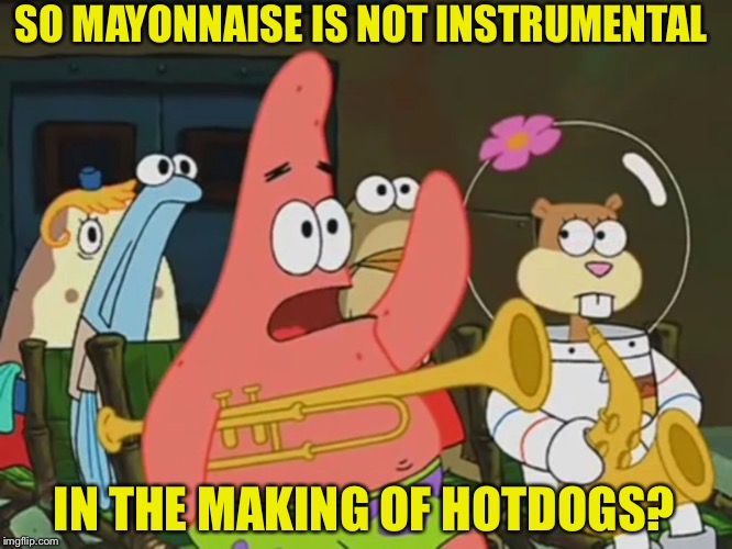 Is mayonnaise an instrument? | SO MAYONNAISE IS NOT INSTRUMENTAL IN THE MAKING OF HOTDOGS? | image tagged in is mayonnaise an instrument | made w/ Imgflip meme maker