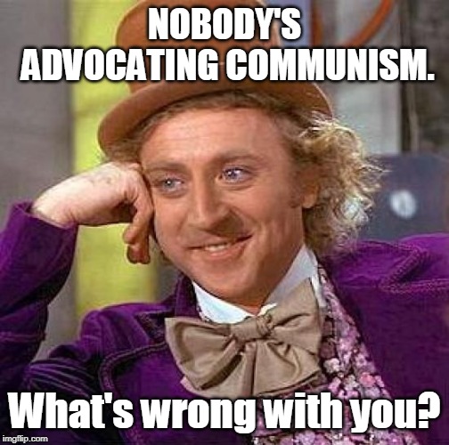 Creepy Condescending Wonka Meme | NOBODY'S ADVOCATING COMMUNISM. What's wrong with you? | image tagged in memes,creepy condescending wonka | made w/ Imgflip meme maker