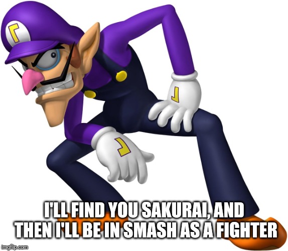 Waluigi | I'LL FIND YOU SAKURAI, AND THEN I'LL BE IN SMASH AS A FIGHTER | image tagged in waluigi | made w/ Imgflip meme maker