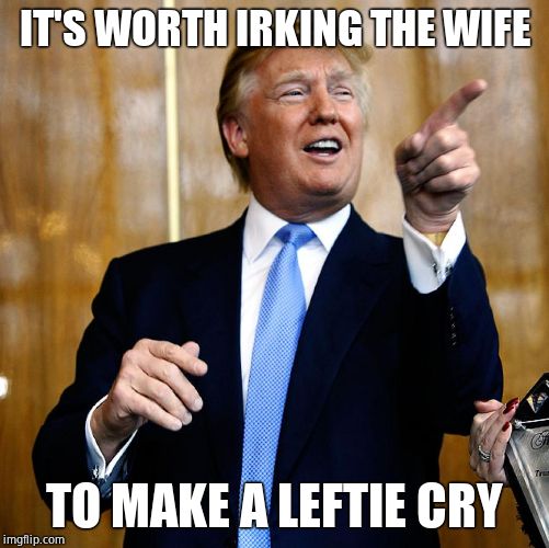 Donal Trump Birthday | IT'S WORTH IRKING THE WIFE TO MAKE A LEFTIE CRY | image tagged in donal trump birthday | made w/ Imgflip meme maker